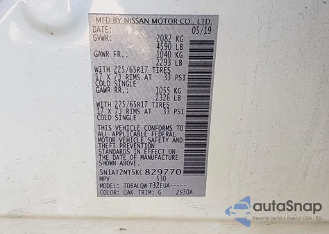 2019 Nissan Rogue Sv z USA, uszkodzony, nr VIN 5N1AT2MT5KC829770